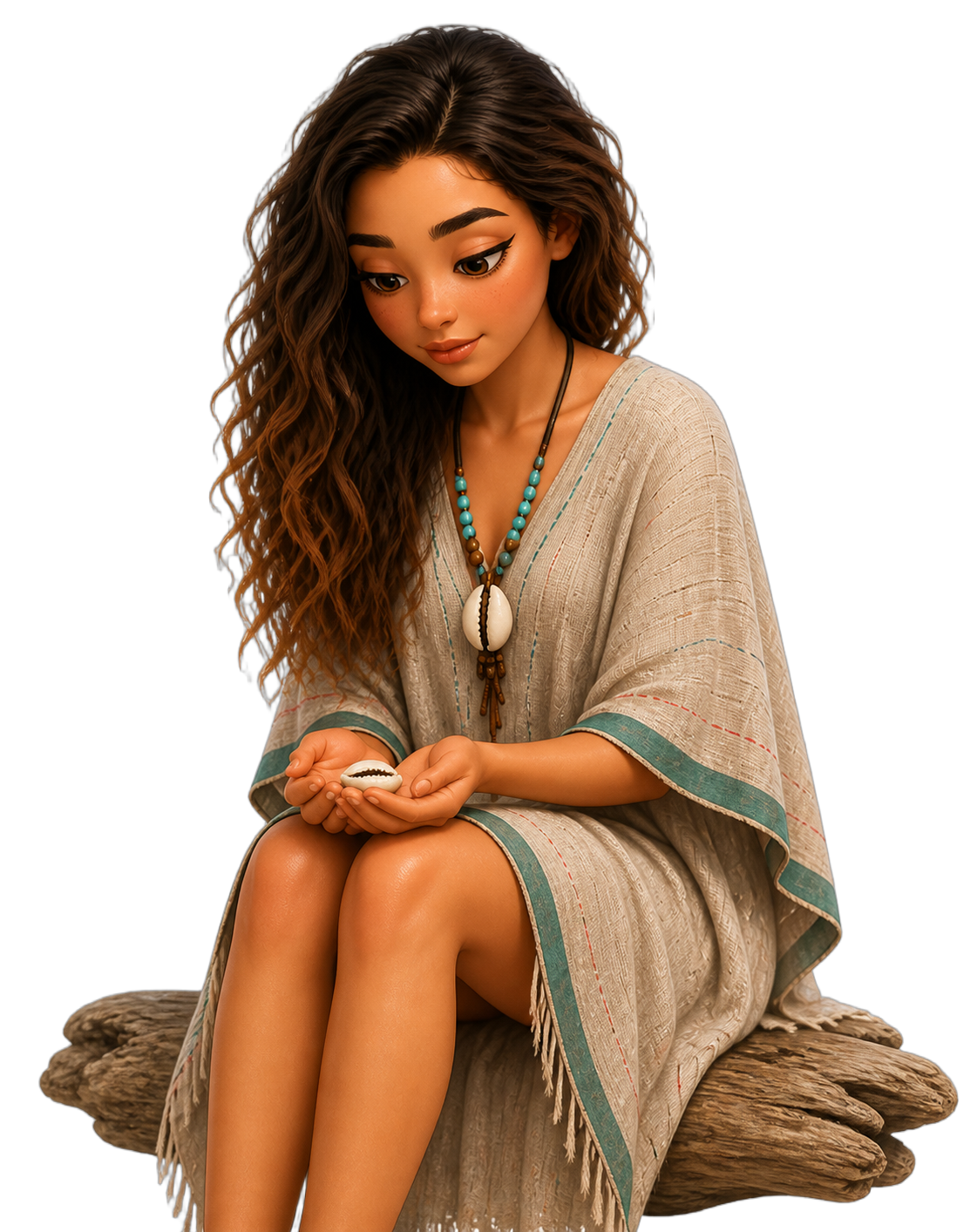 Illustrated portrait — Zahra seated on driftwood, holding a single cowrie shell